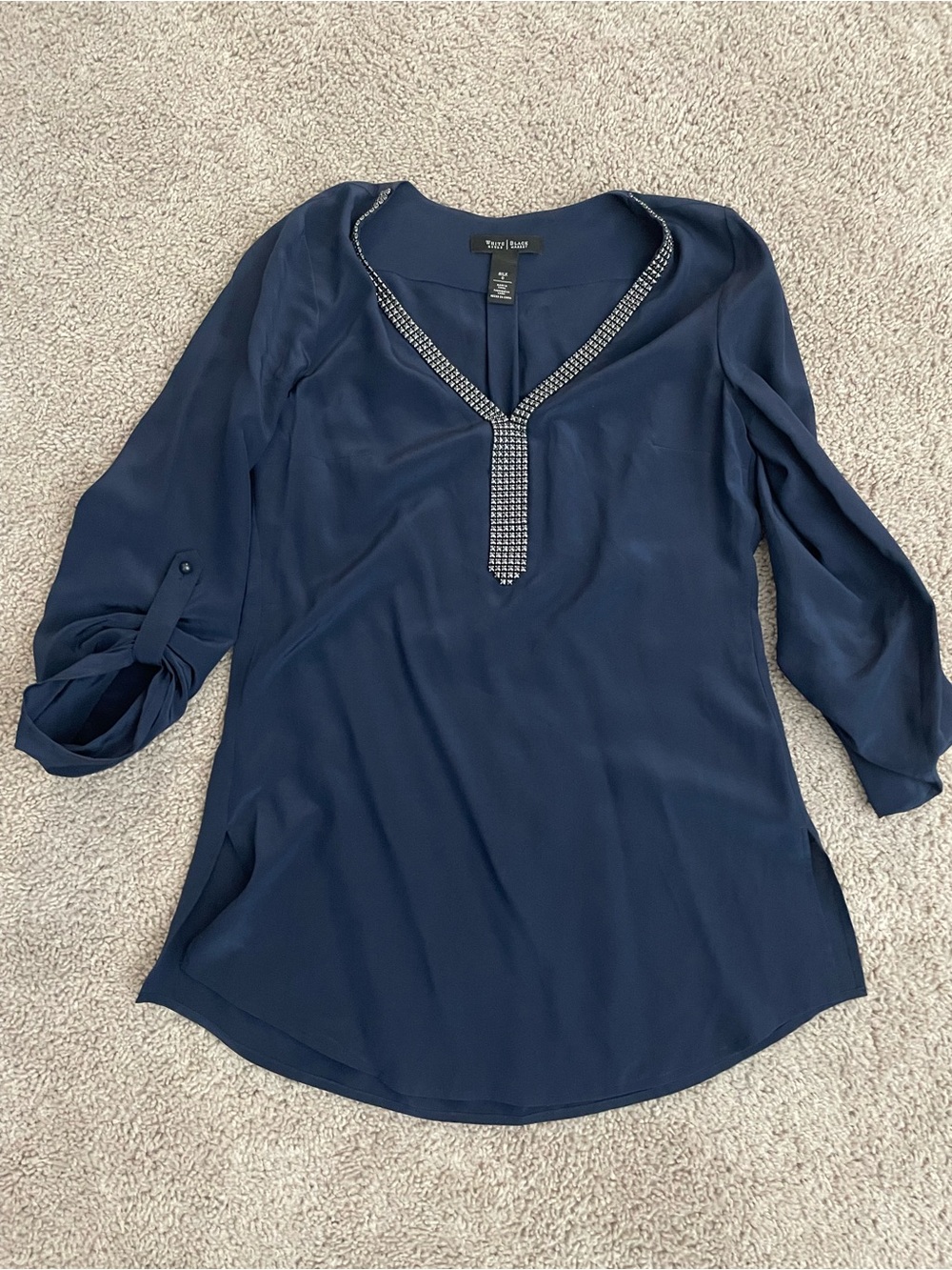 White House Black Market 100% Silk Beaded V-Neck Roll Tab Blouse Navy